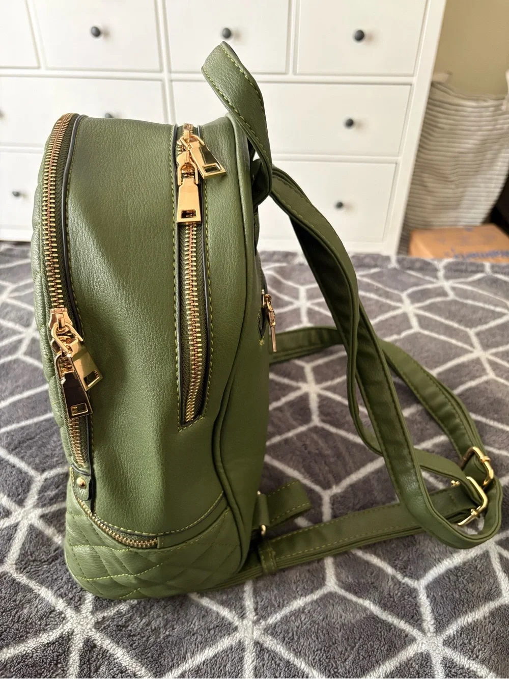 Quilted Olive Green Women’s Backpack - Stylish Everyday Bag and Wallet